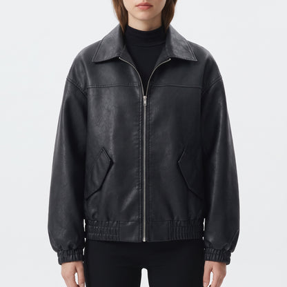 Women's Vintage Faux Leather Moto Jacket, Short Zip-Up Biker Coat for Spring and Autumn