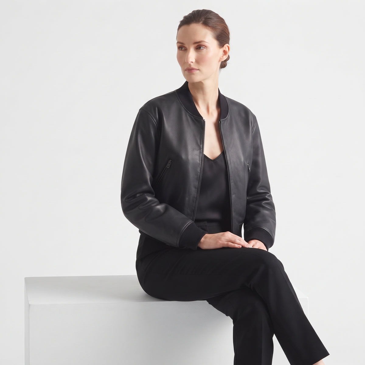 Women's Short Faux Leather Pilot Jacket, Slim Zip-Up Coat for Autumn