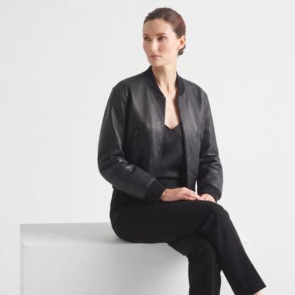 Women's Short Faux Leather Pilot Jacket, Slim Zip-Up Coat for Autumn
