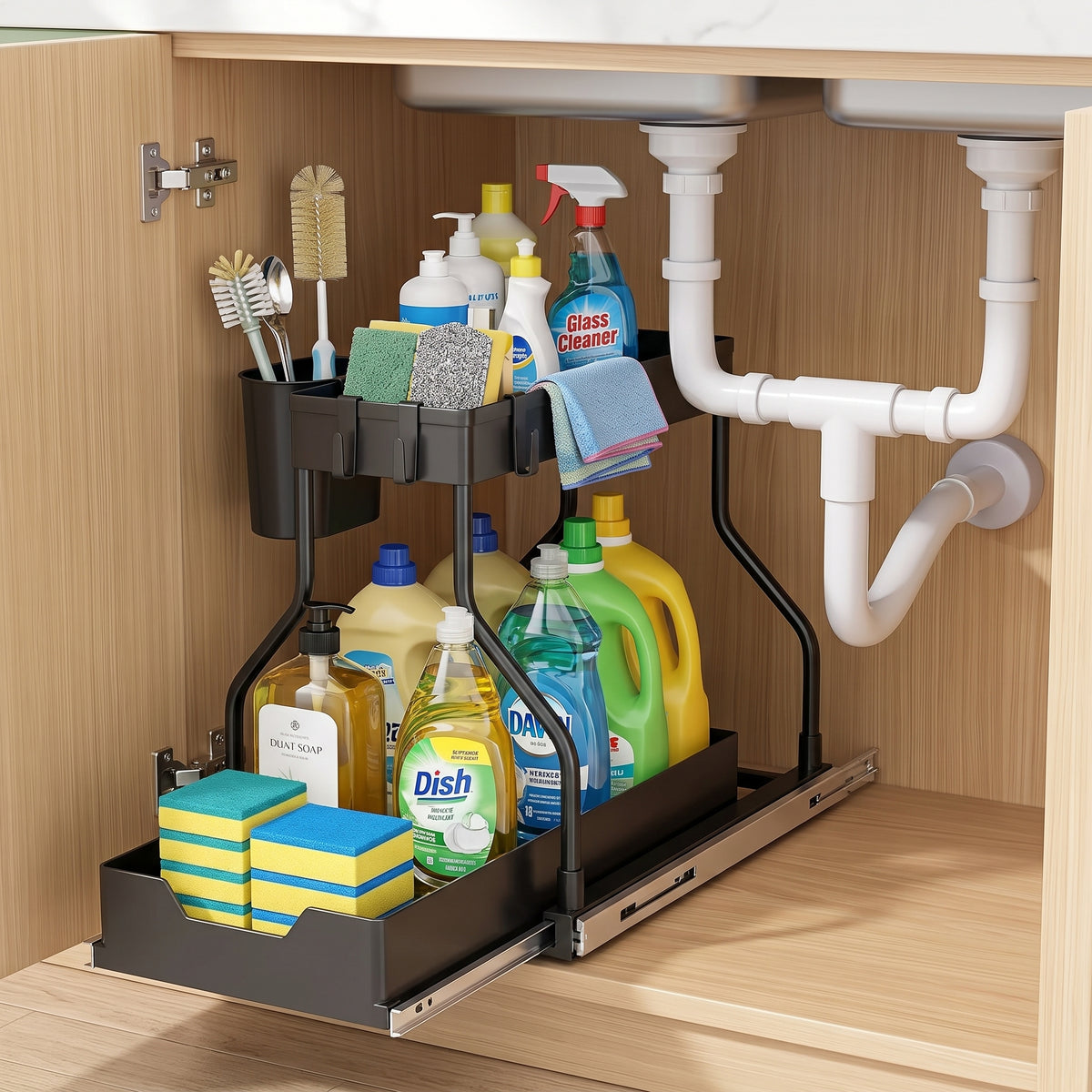 Space Saving 2-Tier Under-Sink Pull-Out Storage Organizer for Kitchen & Bathroom