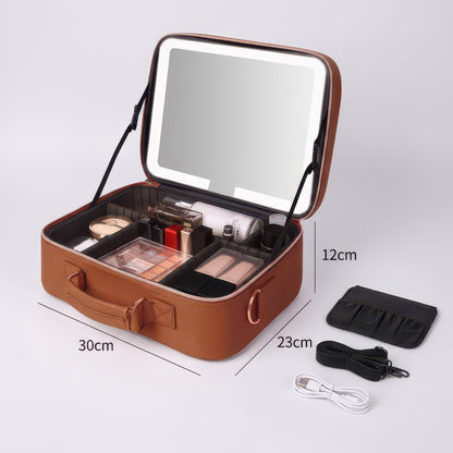 Large Portable Makeup Bag with LED Light and Mirror, Removable Partition, PVC