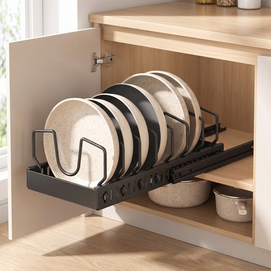 Under-Cabinet Sliding Pots and Pans Organizer with 8 Adjustable Dividers