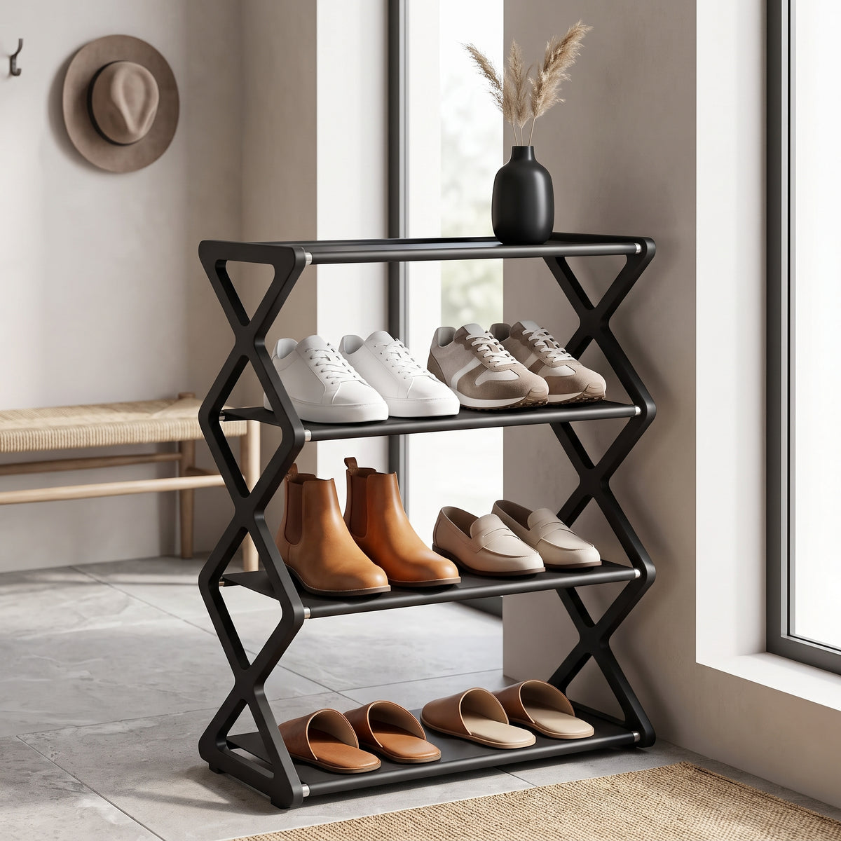Four-Tier X-Frame Shoe Rack with Dustproof Shelf Covers