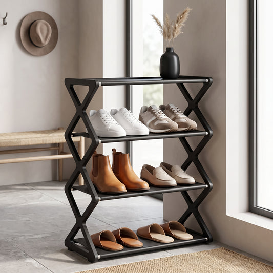 Four-Tier X-Frame Shoe Rack with Dustproof Shelf Covers