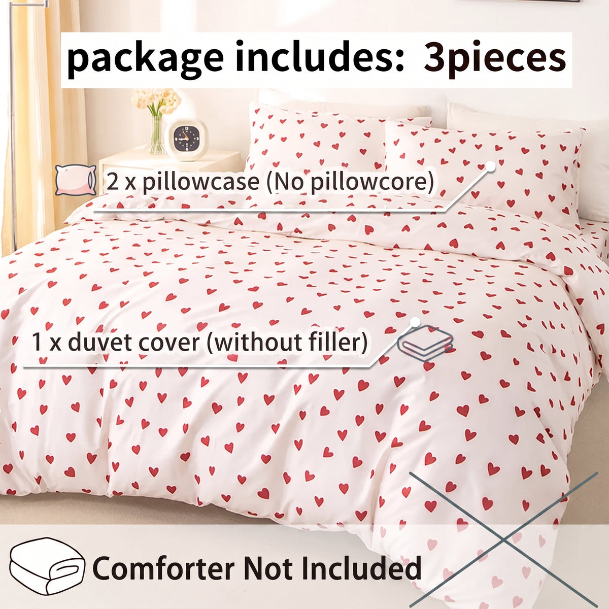 Printed Duvet Cover Set – Red Heart 3pcs Bedding Set