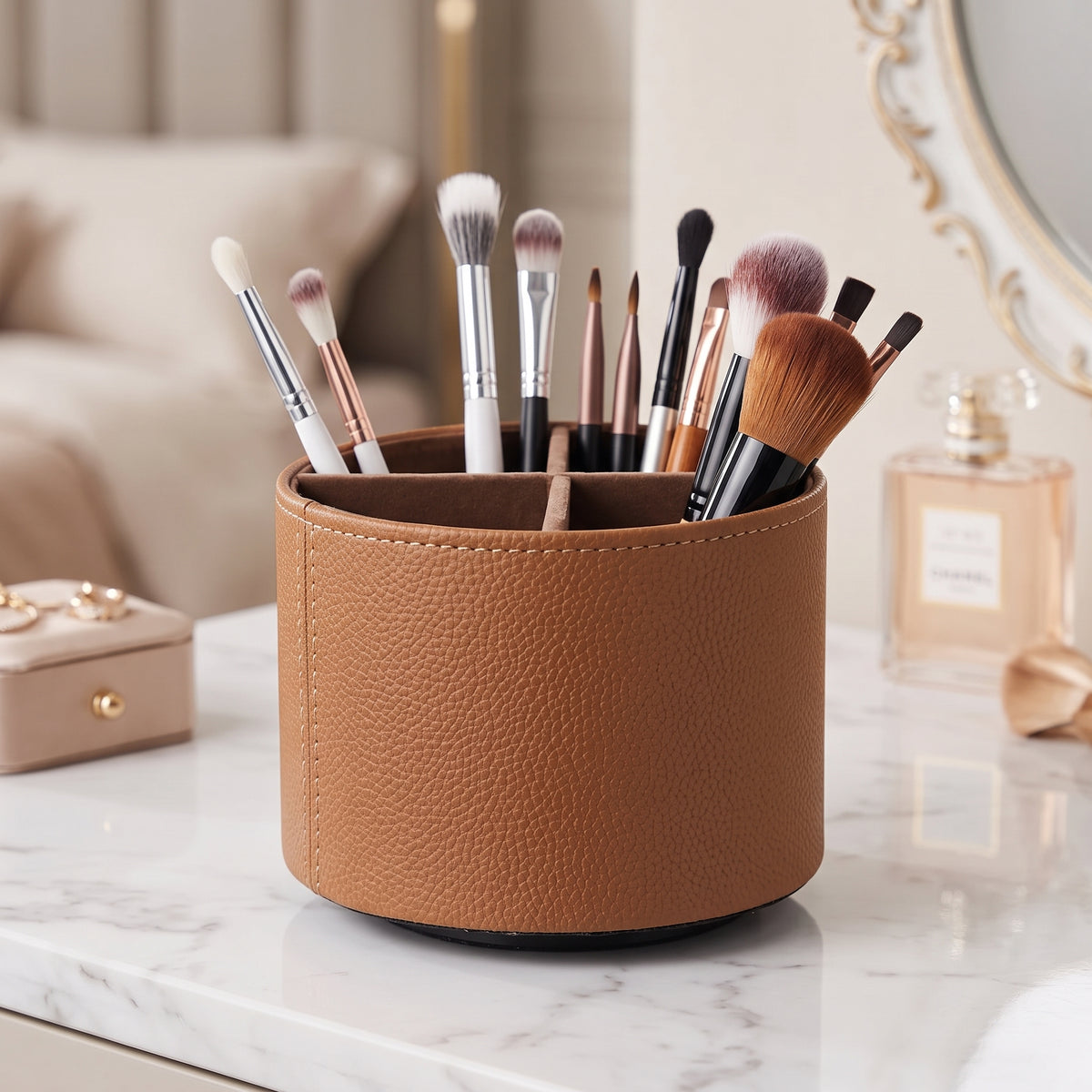 Rotating Makeup Organizer – Premium Leather Storage Box