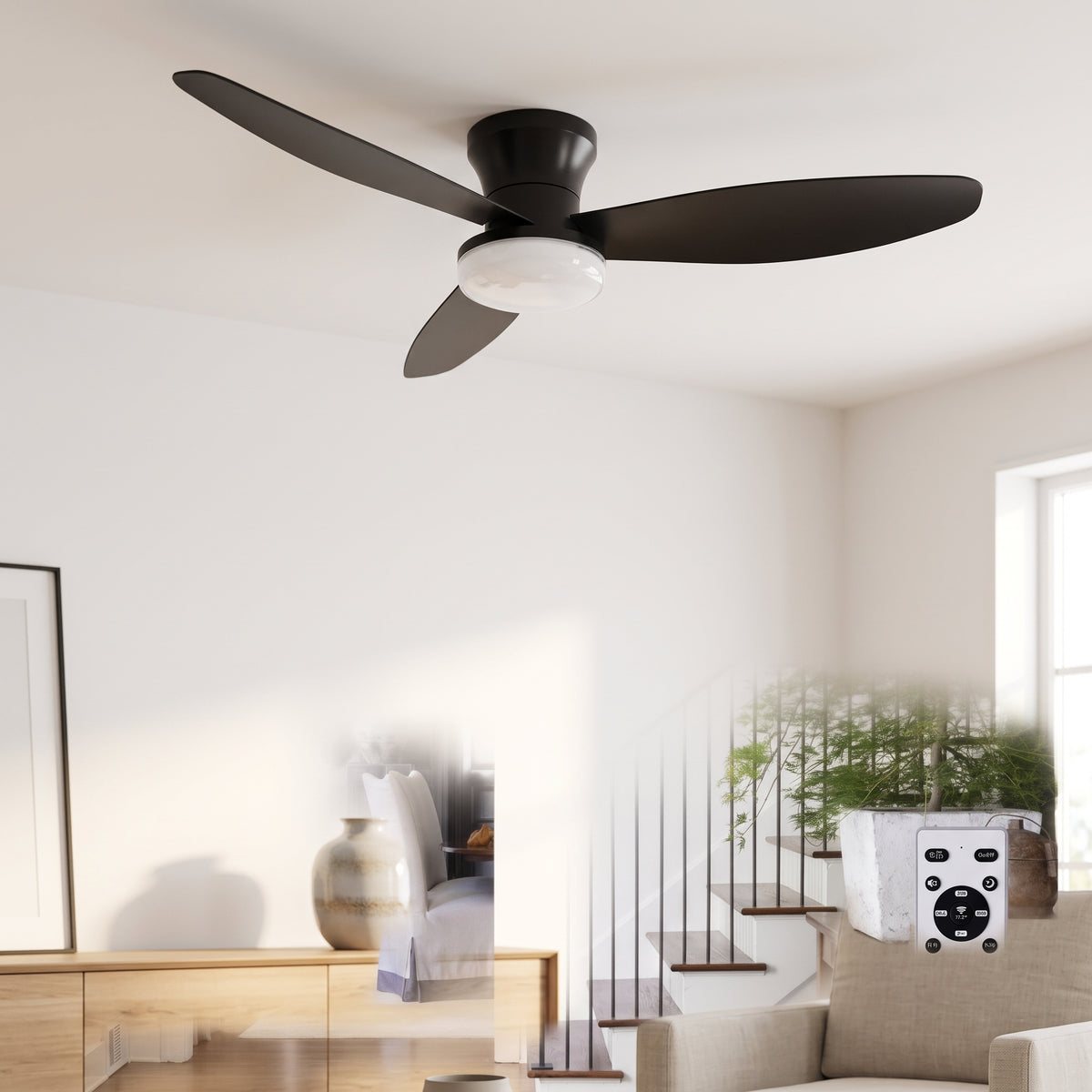 Three-Blade Ceiling Fan with Dimmable Light and Remote