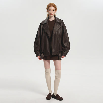 Women's Oversized PU Leather Jacket, Zip-Up Retro American Style Coat in Brown and Black