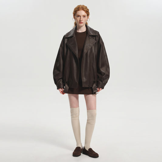 Women's Oversized PU Leather Jacket, Zip-Up Retro American Style Coat in Brown and Black