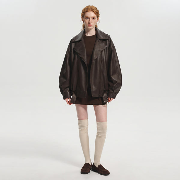 Women's Oversized PU Leather Jacket, Zip-Up Retro American Style Coat in Brown and Black