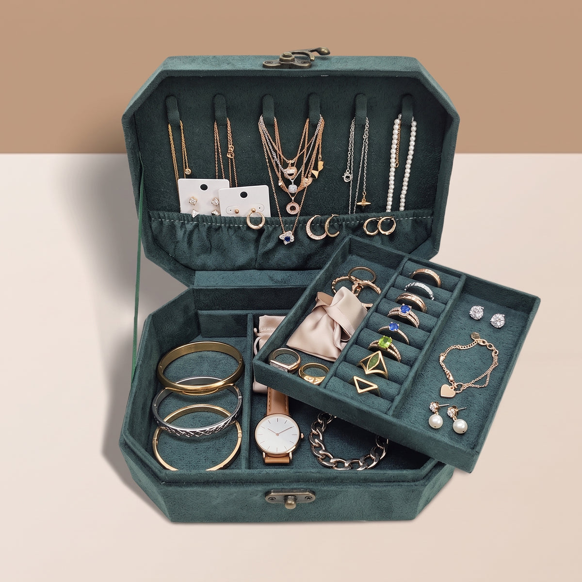 Vintage Octagon Double-Layer Jewelry Box, Large Capacity