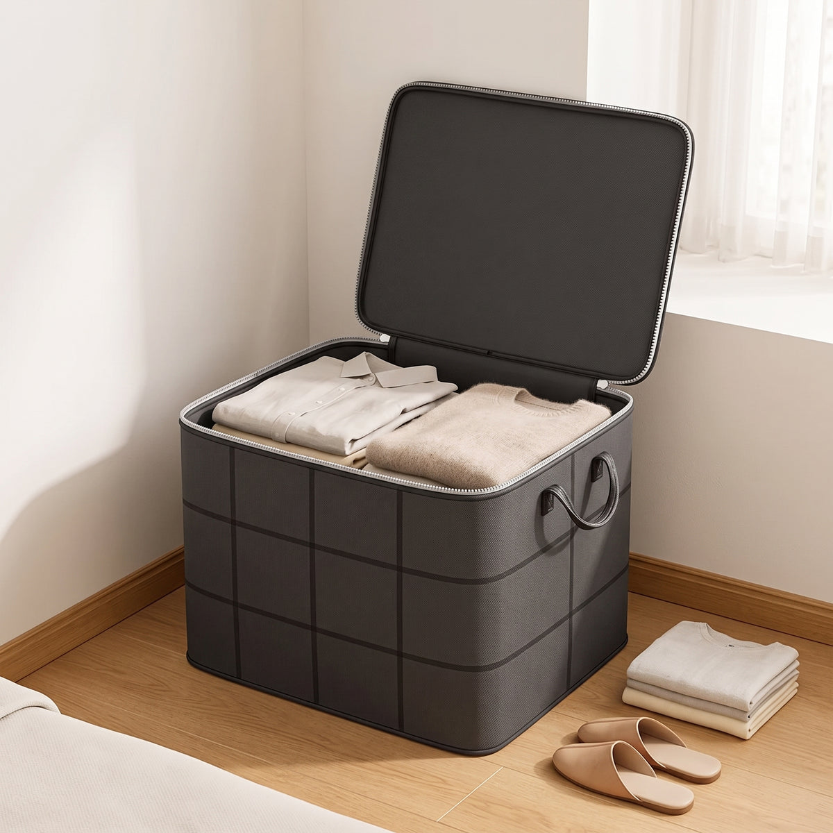 Foldable Non-Woven Storage Bag with Handle and Double Zipper