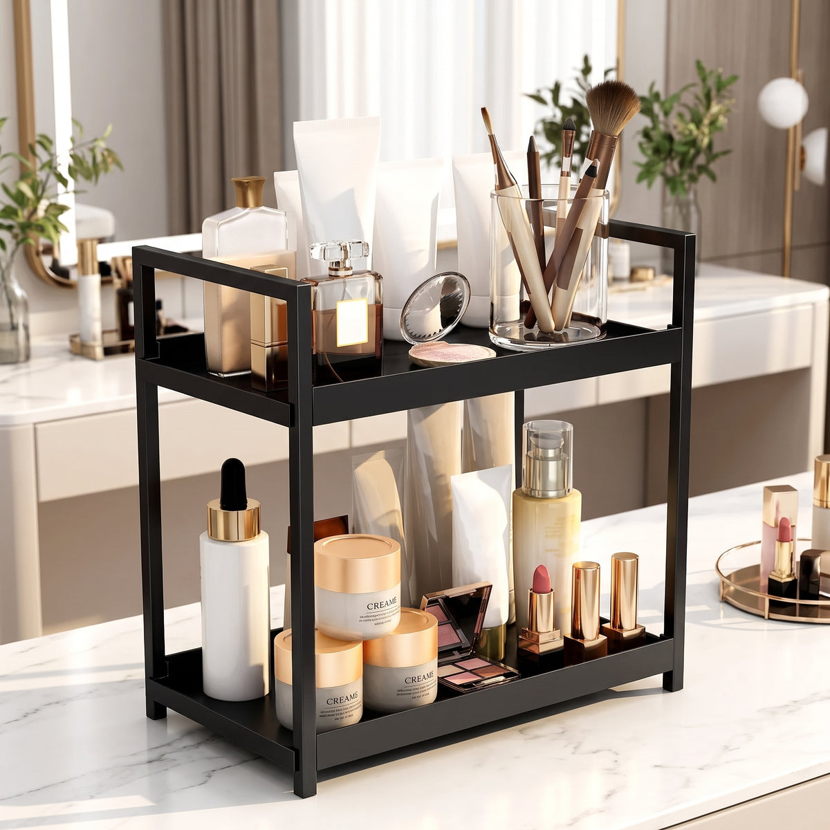 2-Tier Desktop Shelf Iron & PP Organizer for Makeup Countertop 30x17x30cm