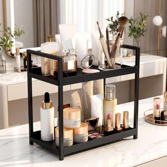2-Tier Desktop Shelf Iron & PP Organizer for Makeup Countertop 30x17x30cm