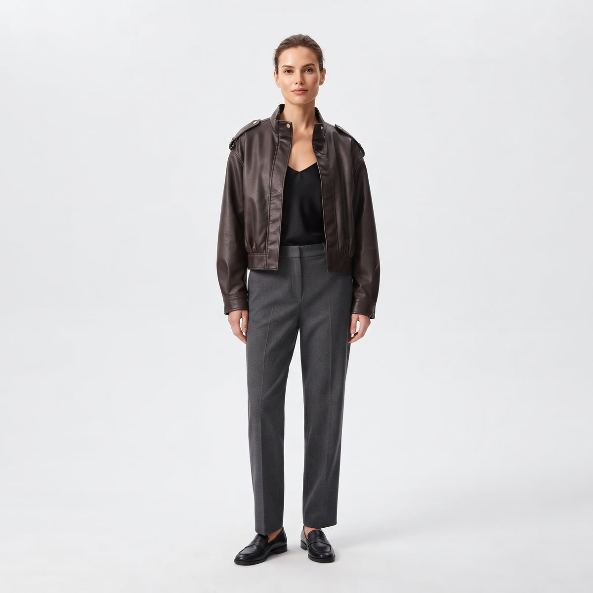 Women's Leather-Effect Blazer Jacket with Stand Collar, All-Season Streetwear