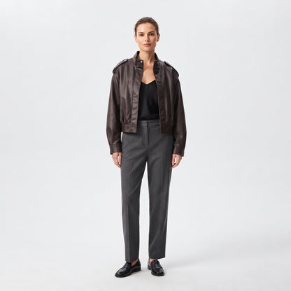 Women's Leather-Effect Blazer Jacket with Stand Collar, All-Season Streetwear