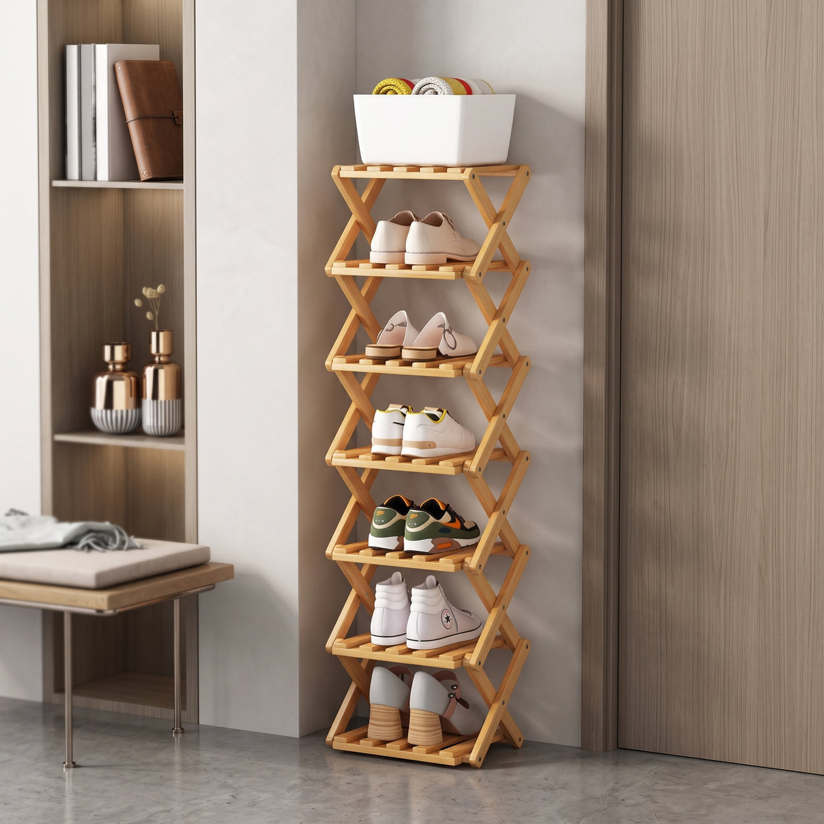 Foldable Bamboo Shoe Rack with Two-to-Nine-Tier Options