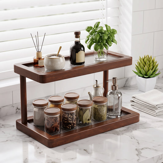 2-Tier Bamboo Countertop Shelf with Clear Acrylic Bottom for Cosmetics & Spices