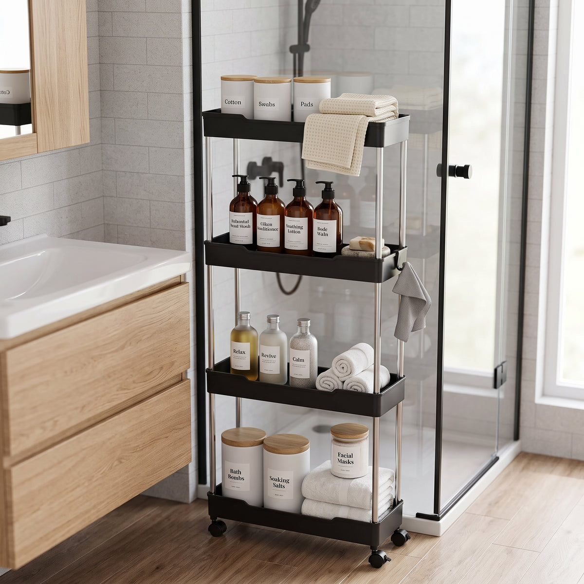 Push Trolley Multi-Layer Floor Storage Shelf for Bathroom and Kitchen (Slim)
