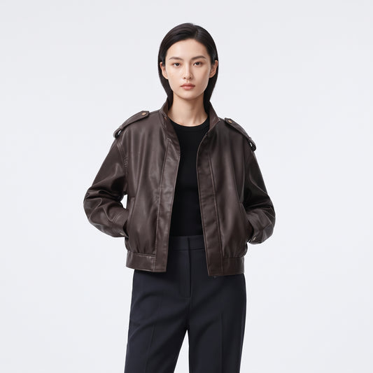 Women's Leather-Effect Blazer Jacket with Stand Collar, All-Season Streetwear