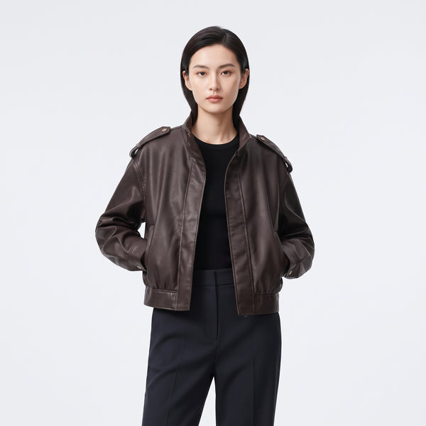 Women's Leather-Effect Blazer Jacket with Stand Collar, All-Season Streetwear