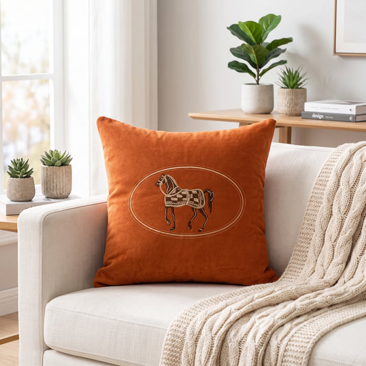 Hand-Embroidered Horse Cushion Cover for Sofa and Home, 45x45cm