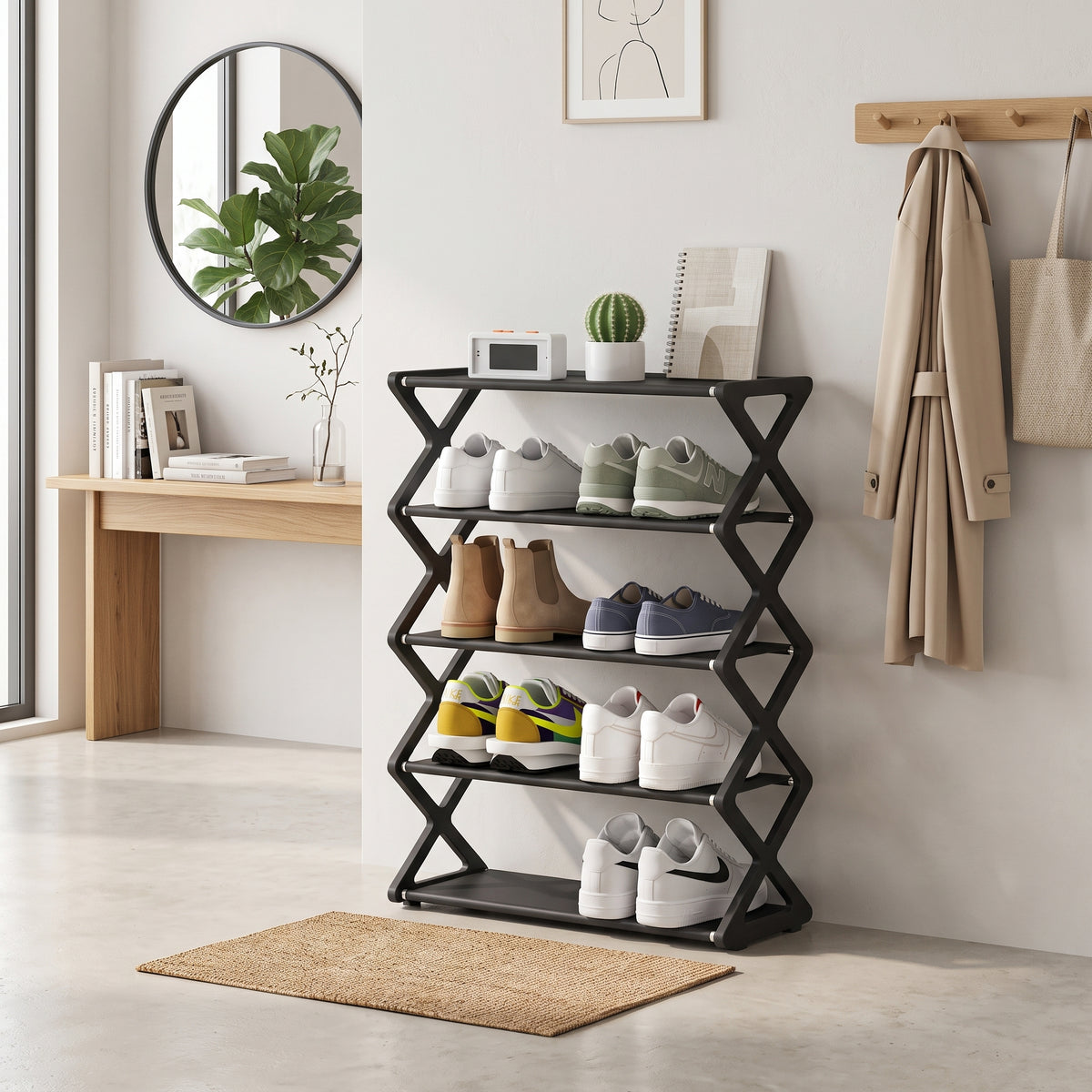 Four-Tier X-Frame Shoe Rack with Dustproof Shelf Covers