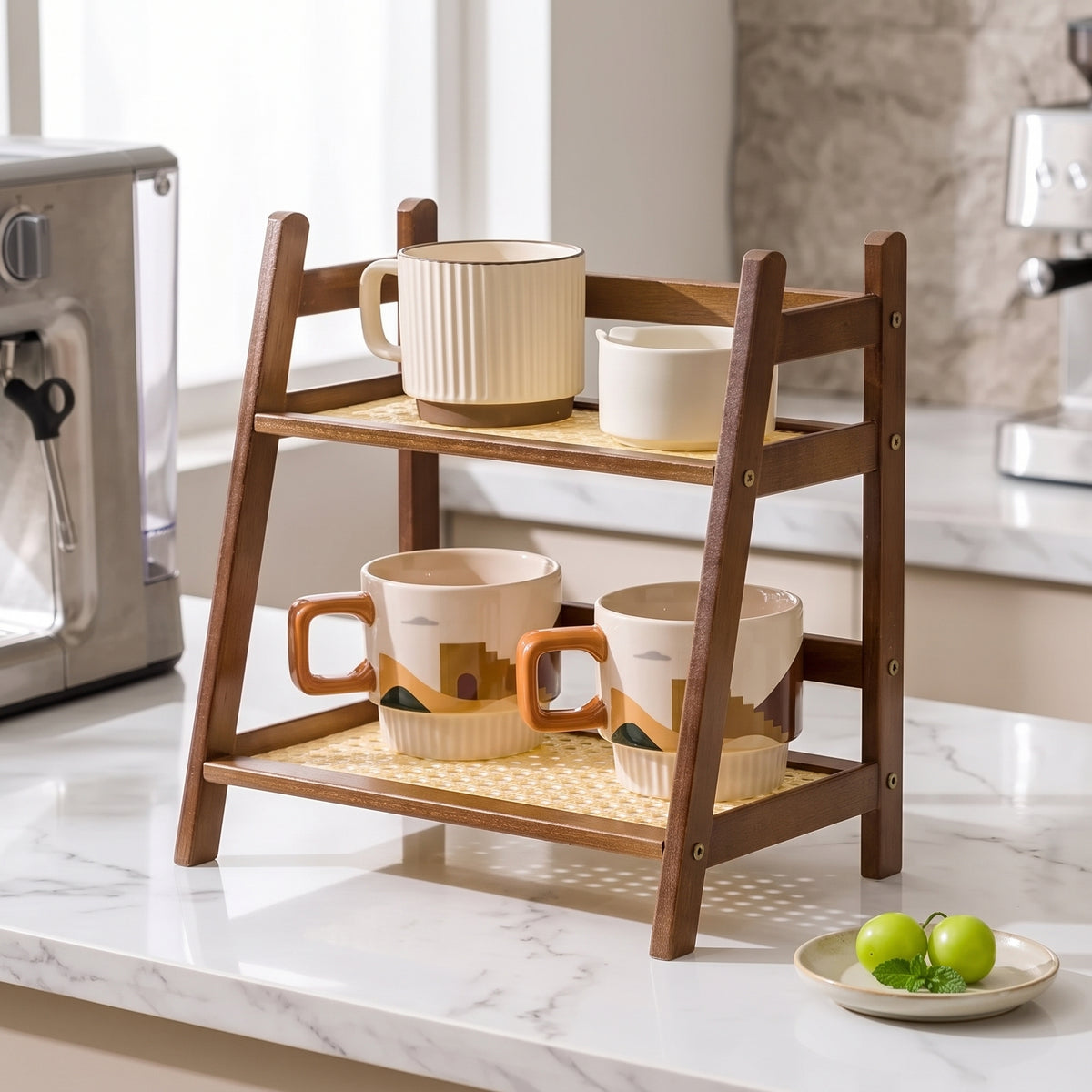 2-Layer Bamboo Countertop Organizer Coffee Cup Holder for Kitchen & Home