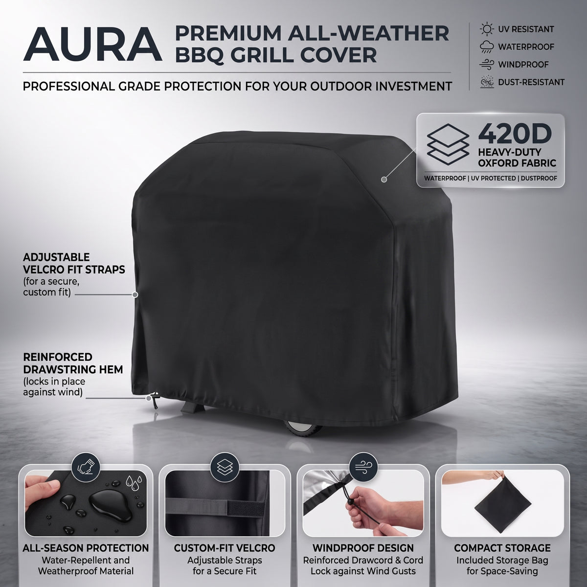 420D Oxford Heavy Duty BBQ Grill Cover, Waterproof and UV-Resistant