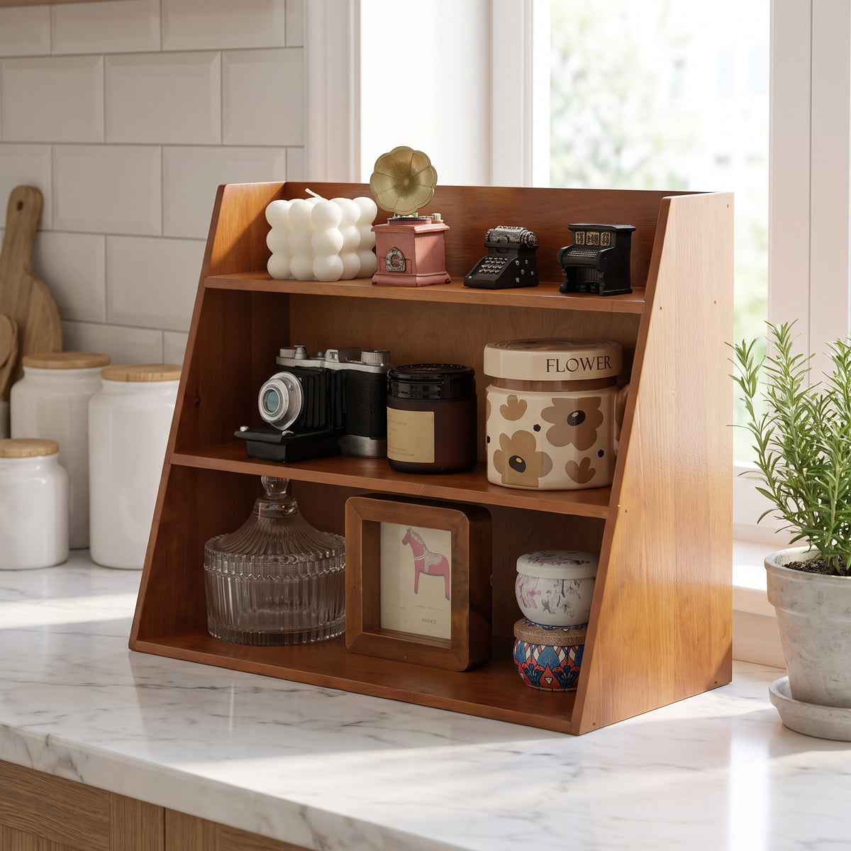 Solid Wood Multi-layer Cosmetics Storage Rack, Wooden Desktop Organizer