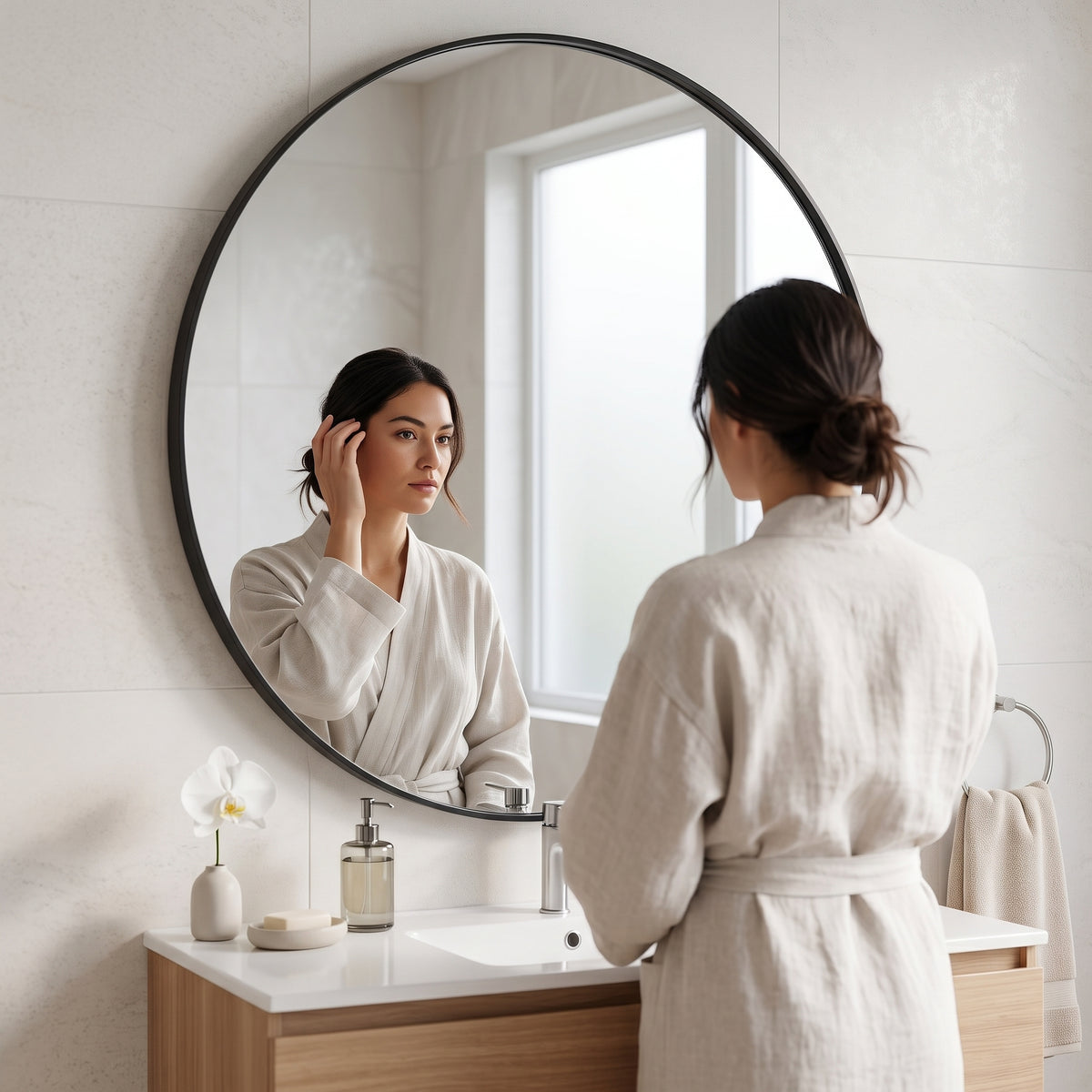 Groove Round Framed Wall Vanity Mirror, Matte Metal Frame