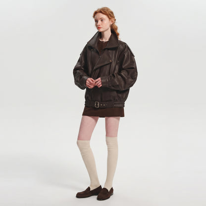 Women's Oversized PU Leather Jacket, Zip-Up Retro American Style Coat in Brown and Black