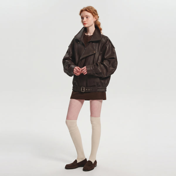 Women's Oversized PU Leather Jacket, Zip-Up Retro American Style Coat in Brown and Black