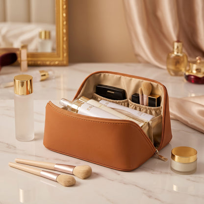 Leather Makeup Bag – Large Travel Toiletry Organizer