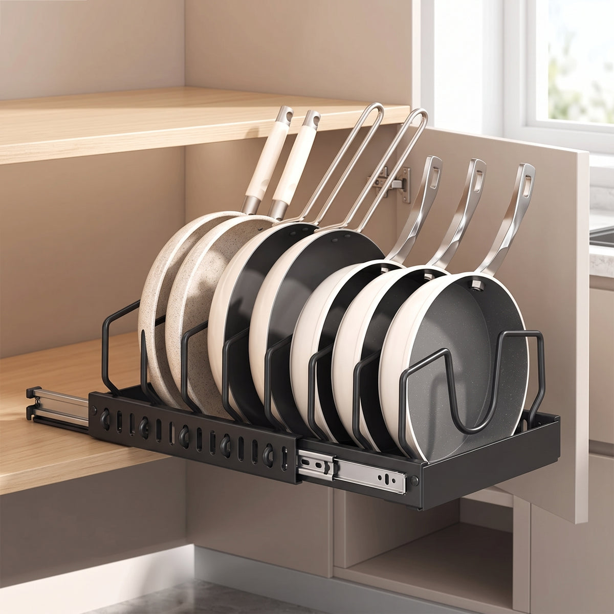 Under-Cabinet Sliding Pots and Pans Organizer with 8 Adjustable Dividers