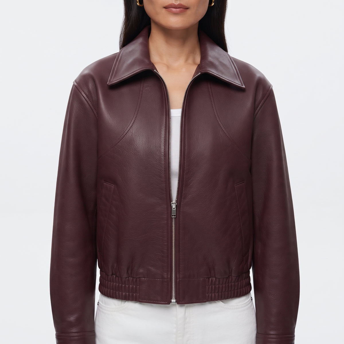 Women's Vintage Cropped Leather Jacket in Wine Red, Short Lapel Zip-Up Street Coat