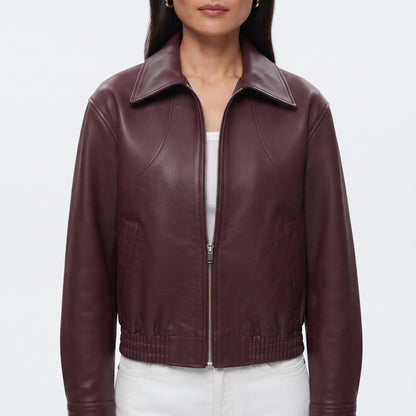 Women's Vintage Cropped Leather Jacket in Wine Red, Short Lapel Zip-Up Street Coat