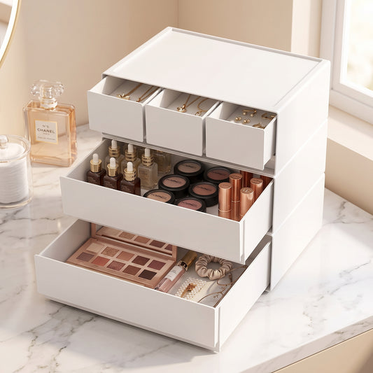 Desktop Multi-Layer Stackable Cosmetic Organizer Drawer Jewelry Box for Office