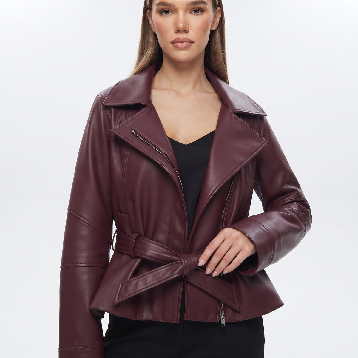 Women's Faux Leather Trench Jacket with Belt, Lapel Moto Coat in Black, Wine Red and Brown