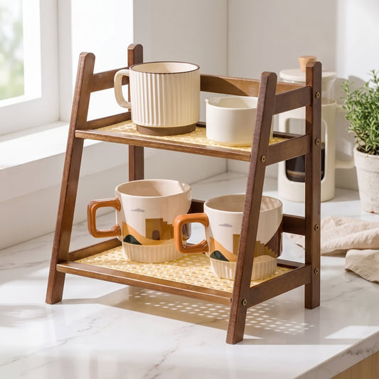 2-Layer Bamboo Countertop Organizer Coffee Cup Holder for Kitchen & Home