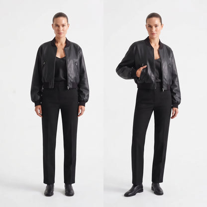 Women's Short Faux Leather Pilot Jacket, Slim Zip-Up Coat for Autumn