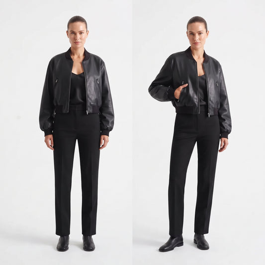 Women's Short Faux Leather Pilot Jacket, Slim Zip-Up Coat for Autumn