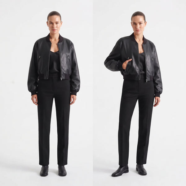 Women's Short Faux Leather Pilot Jacket, Slim Zip-Up Coat for Autumn