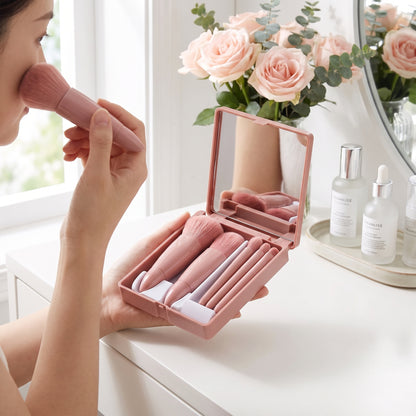5-Piece Portable Makeup Brush Set with Foldable Mirror Case