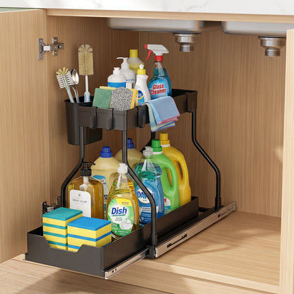 Space Saving 2-Tier Under-Sink Pull-Out Storage Organizer for Kitchen & Bathroom