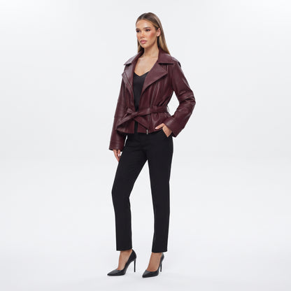 Women's Faux Leather Trench Jacket with Belt, Lapel Moto Coat in Black, Wine Red and Brown