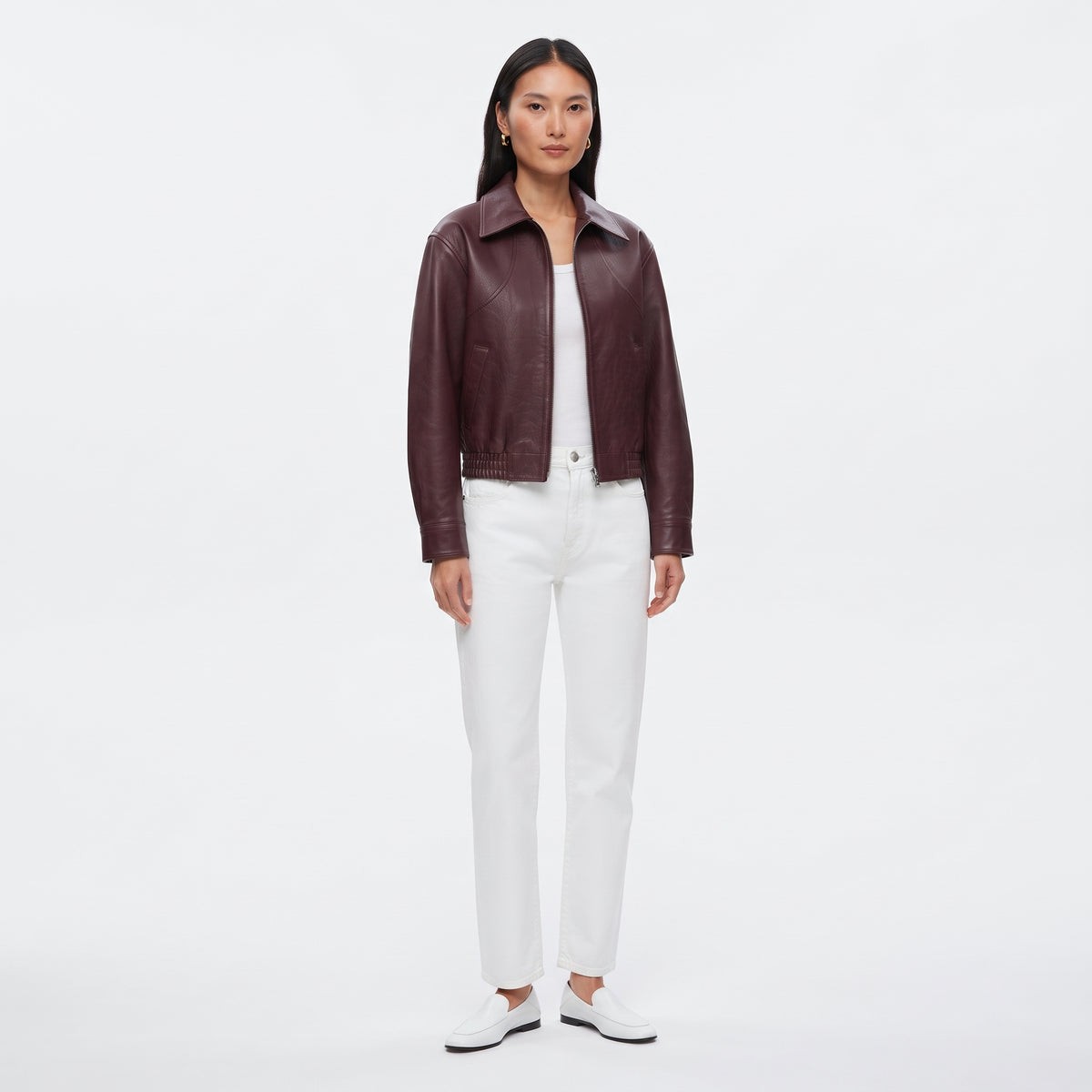 Women's Vintage Cropped Leather Jacket in Wine Red, Short Lapel Zip-Up Street Coat