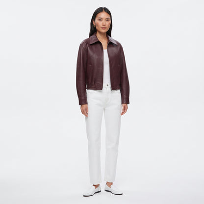Women's Vintage Cropped Leather Jacket in Wine Red, Short Lapel Zip-Up Street Coat