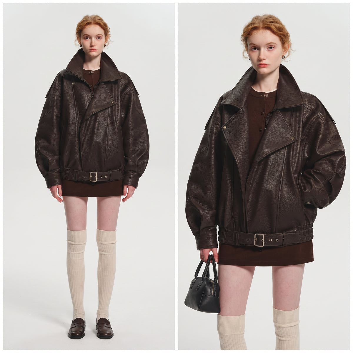 Women's Oversized PU Leather Jacket, Zip-Up Retro American Style Coat in Brown and Black