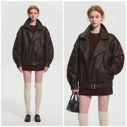 Women's Oversized PU Leather Jacket, Zip-Up Retro American Style Coat in Brown and Black